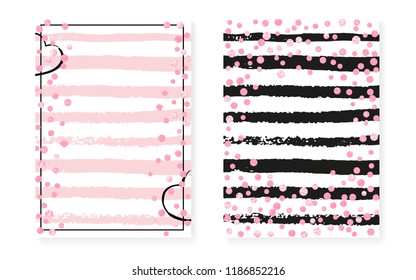 Pink glitter sequins with dots. Wedding and bridal shower invitation cards set with confetti. Vertical stripes background. Hipster pink glitter sequins for party, event, save the date flyer.