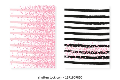 Pink glitter sequins with dots. Wedding and bridal shower invitation cards set with confetti. Vertical stripes background. Vintage pink glitter sequins for party, event, save the date flyer.