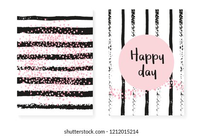 Pink glitter sequins with dots. Wedding and bridal shower invitation cards set with confetti. Vertical stripes background. Creative pink glitter sequins for party, event, save the date flyer.
