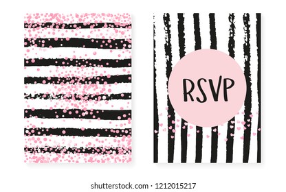 Pink glitter sequins with dots. Wedding and bridal shower invitation cards set with confetti. Vertical stripes background. Elegant pink glitter sequins for party, event, save the date flyer.