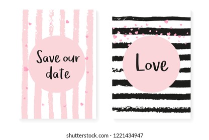 Pink glitter sequins with dots. Wedding and bridal shower invitation cards set with confetti. Vertical stripes background. Stylish pink glitter sequins for party, event, save the date flyer.