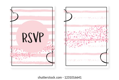 Pink glitter sequins with dots. Wedding and bridal shower invitation cards set with confetti. Vertical stripes background. Luxury pink glitter sequins for party, event, save the date flyer.