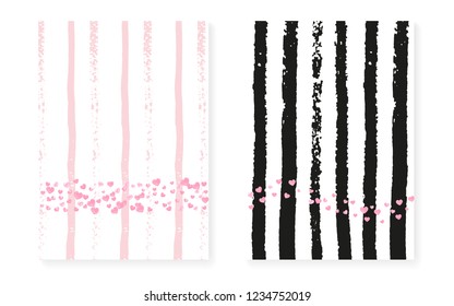 Pink glitter sequins with dots. Wedding and bridal shower invitation cards set with confetti. Vertical stripes background. Tender pink glitter sequins for party, event, save the date flyer.