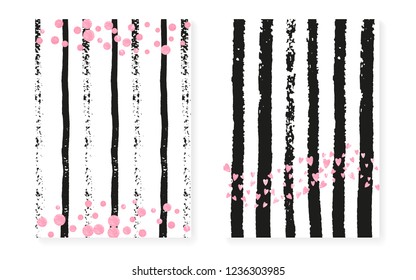 Pink glitter sequins with dots. Wedding and bridal shower invitation cards set with confetti. Vertical stripes background. Tender pink glitter sequins for party, event, save the date flyer.