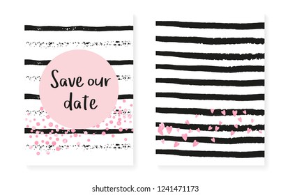 Pink glitter sequins with dots. Wedding and bridal shower invitation cards set with confetti. Vertical stripes background. Retro pink glitter sequins for party, event, save the date flyer.