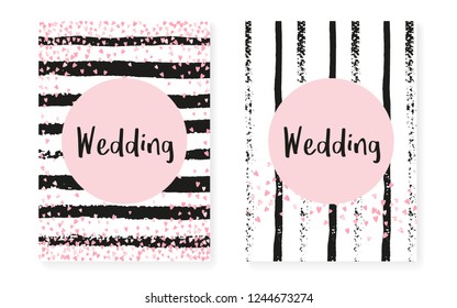 Pink glitter sequins with dots. Wedding and bridal shower invitation cards set with confetti. Vertical stripes background. Trendy pink glitter sequins for party, event, save the date flyer.
