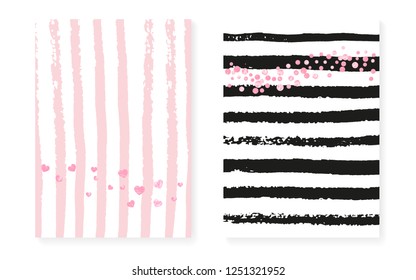 Pink glitter sequins with dots. Wedding and bridal shower invitation cards set with confetti. Vertical stripes background. Vintage pink glitter sequins for party, event, save the date flyer.