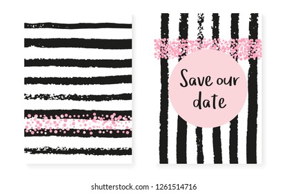 Pink glitter sequins with dots. Wedding and bridal shower invitation cards set with confetti. Vertical stripes background. Luxury pink glitter sequins for party, event, save the date flyer.