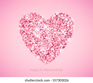 Pink glitter sequins heart on light pink background. Valentine's day wedding romantic vector illustration. Good for holiday poster banner greeting card design.