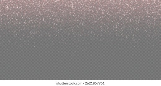 Pink glitter sparkles fallen on transparent background. Abstract dust particles, pink confetti png bg. Festive wallpaper for christmas poster, flyer, new year card, realistic vector glitter powder.
