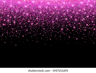 Pink glitter sparks on a black background. Shiny confetti and glitter sparkling texture with glowing lights. Vector illustration.