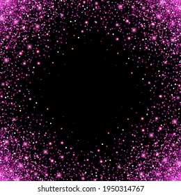Pink glitter sparks on a black background. Shiny confetti and glitter sparkling texture with glowing lights. Vector illustration.
