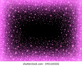 Pink glitter sparks on a black background. Shiny confetti and glowing lights. Vector illustration.
