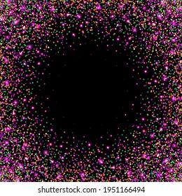 Pink glitter sparks on a black background. Shiny confetti with glowing lights. Vector illustration.
