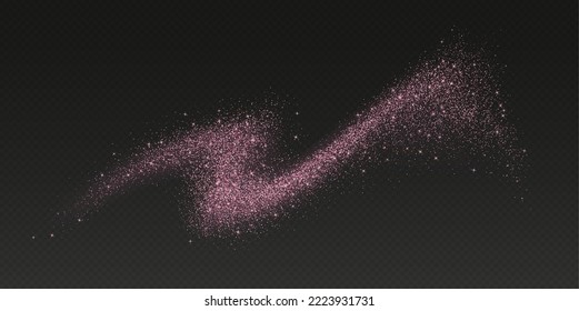 Pink glitter splash, shiny star dust explosion, shimmer spray effect, festive holiday particles isolated on a dark background. Vector illustration.