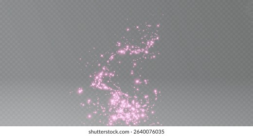 Pink glitter splash, shiny star dust explosion, shimmer spray effect, festive holiday particles isolated on a dark background. Vector illustration.