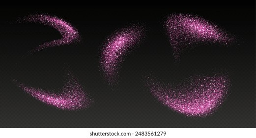 Pink glitter splashes, shiny star dust explosion, shimmer spray effect, festive holiday particles isolated on a dark background. Vector illustration.