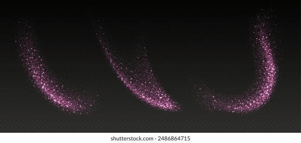 Pink glitter splashes, shiny star dust explosion, shimmer spray effect, festive holiday particles isolated on a dark background. Vector illustration.