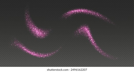 Rosa Glitzerspritzer, glänzende Sternenstaubexplosion, Schimmer-Sprüheffekt, festliche Urlaubspartikel einzeln auf dunklem Hintergrund. Vektorgrafik.