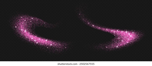 Pink glitter splashes, shiny star dust explosion, shimmer spray effect, festive holiday particles isolated on a dark background. Vector illustration. Christmas decoration.