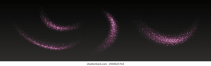 Pink glitter splashes, shiny star dust explosion, shimmer spray effect, festive holiday particles isolated on a dark background. Vector illustration.