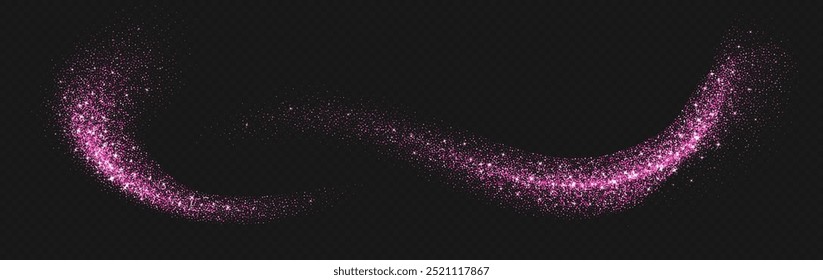 Pink glitter splashes, shiny star dust explosion, shimmer spray effect, festive holiday particles isolated on a dark background. Vector illustration. Christmas decoration.