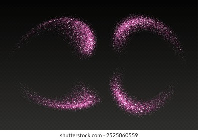 Pink glitter splashes, shiny star dust explosion, shimmer spray effect, festive holiday particles isolated on a dark background. Vector illustration. Christmas decoration.