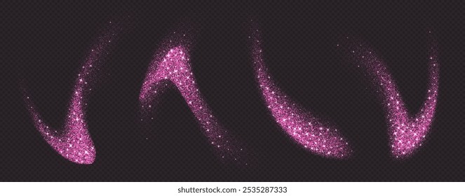 Pink glitter splashes, shiny star dust explosion, shimmer spray effect, festive holiday particles isolated on a dark background. Vector illustration. Christmas decoration.