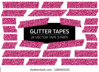 Pink Glitter Tape Strips with Torn Edges & Different Patterns. 24 Unique Isolated Vector Objects. Photo Sticker, Ad / Print / Web Layout Element, Clip Art, Scrapbook Embellishment