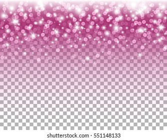 Pink glitter texture and white glowing lights effect with confetti. Vector star sparks isolated on pink magic transparent background for sparkles greeting card design.