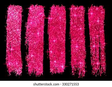 Pink glitter vector brush strokes set isolated at black background