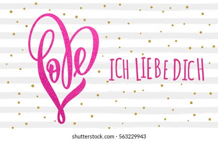 Rosa glitter Vektorgrafik Love Text in Herzform mit I Love Yot in Deutsch auf goldenem Streifen Punktmuster für Valentins Daygreeting-Karte.