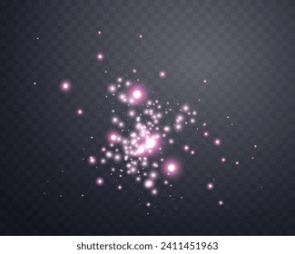 Puntos brillantes rosas, partículas, estrellas mágicas chispas. Efecto de la luz de la bengala. Puntos luminosos rosas. Partículas vectoriales sobre fondo transparente. 