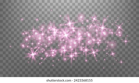 Pink glittering dots, particles, stars magic sparks. Glow flare light effect. Pink luminous points. Vector particles on transparent background. 