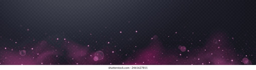 Pink glittering dots, particles, stars, magic sparks with smoke. Glow flare light effect. Pink luminous points in fog. Vector particles on transparent background. 