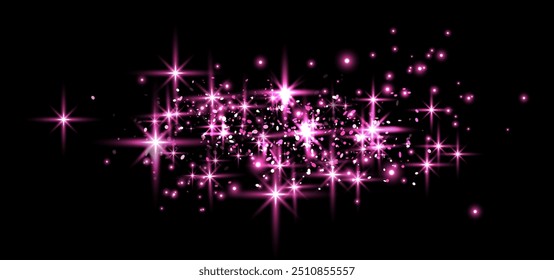 Pink glittering dots, particles, stars magic sparks. Glow flare light effect. Pink luminous points. Vector particles on black background. 