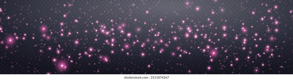 Pink glittering dots, particles, stars magic sparks. Glow flare light effect. Pink luminous points. Vector particles on transparent background. 