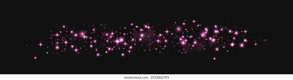 Puntos brillantes rosados, partículas, estrellas, chispas mágicas. Efecto de luz de destello brillante. Puntos luminosos rosados. Partículas de Vector sobre fondo negro. 