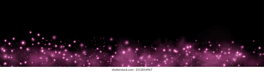Pink glittering dots, particles, stars magic sparks. Glow flare light effect. Pink luminous points. Vector particles on black background. 