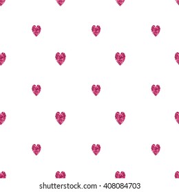 Pink glittering seamless pattern of hearts on white background. Vector