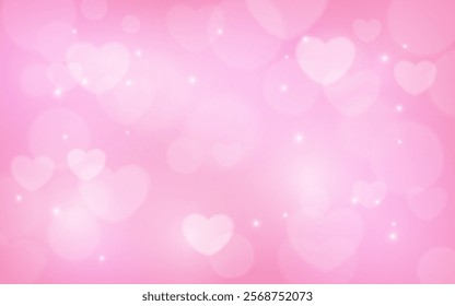 Pink glittery background variegated hearts and bokeh with glitter. Fantastic gradient with pink shade for Valentine's Day . Romantic sky background