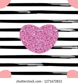 Pink glittery heart on marker brush strokes texture. Seamless holiday background. Simple greeting card for Valentine's Day, Birthday, Christmas. Fashion seamless pattern. Vector.