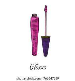 Pink glosses open tube, hand drawn doodle sketch with inscription, isolated vector illustration