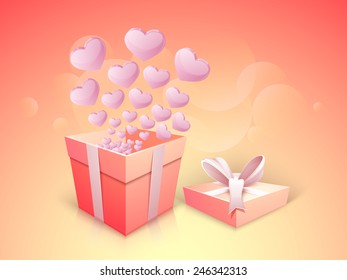 Pink glossy 3D hearts coming out for an open box for Happy Valentines Day celebration on shiny colorful background.