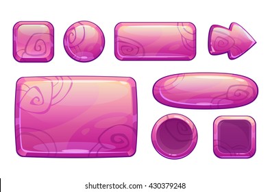 Pink glossy game assets set, isolated on white, different shape buttons and panels for game or web design, vector gui elements
