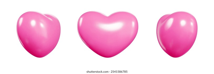 Pink glossy heart balloons set with different angles of view. Realistic 3d vector clean romantic icons showing love symbols. Ideal for Valentine or Mother day decorations or greeting cards.