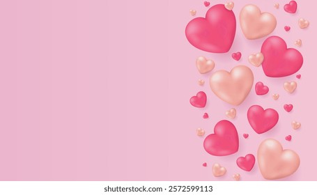 Pink glossy hearts floating on pink background with copyspace for Valentine's day concept, Vector illustration.