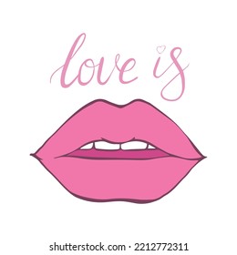 Pink glossy lips, white teeth, beautiful smile of a girl, abstract vector illustration on a white background