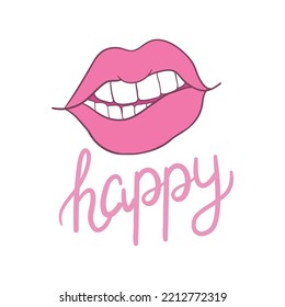 Pink glossy lips, white teeth, beautiful smile of a girl, abstract vector illustration on a white background