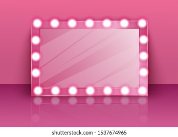 Pink glossy mirror with makeup lamps in the dressing room, concept backstage, artists and theater. Realistic vector illustration of a mirror with lamps for a dressing table and makeup.
